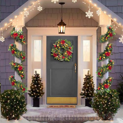 Pre-Lit 6ft Red Gold Christmas Garland with 30 LED Timer Lights - Holiday Decor Variation 03-Red Gold