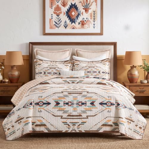 100% Cotton Queen Quilt Set with Southwestern Aztec Design - Breathable & Cozy Bedding