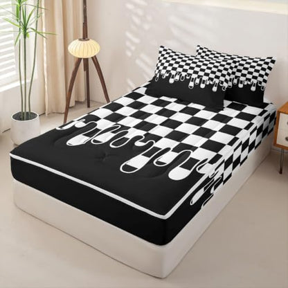Kids Full Size Plaid Comforter Set with Zipper Bed Cover and Fitted Sheet - Black White