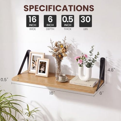 Oak Wall Shelves Set of 2 - 16x6 Inch Small Wooden Wall Storage