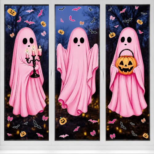 Halloween Pink Ghost and Pumpkin Window Clings - 6 Sheets Decor