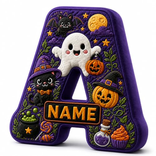 Personalized Halloween Letter Pillow with Custom Name & Initials - Soft Plush Decor