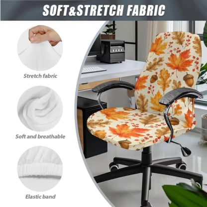 Beige Maple Leaf Acorn Print Office Chair Cover Set with Armrest Protectors - Large