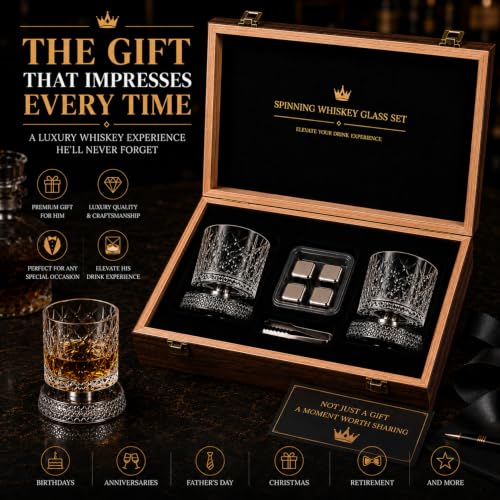 Clear Rotating Whiskey Glasses Set of 2 - 360° Crystal Bourbon Tumblers with Wooden Gift Box