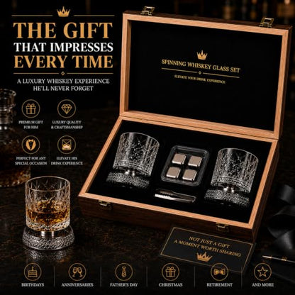 Clear Rotating Whiskey Glasses Set of 2 - 360° Crystal Bourbon Tumblers with Wooden Gift Box