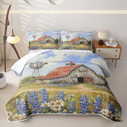 Slate Navy Blue King Farmhouse Quilt Set with Pillowcases - Rustic Red Barn & Windmill Design
