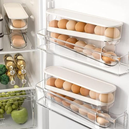 Egg Holder For Fridge With Lid - Auto Roll Down Egg Dispenser For Refrigerator Storage Organizer Space Saving Egg - Easy Access 2 Tier Egg Storage Rack (1 pcs)