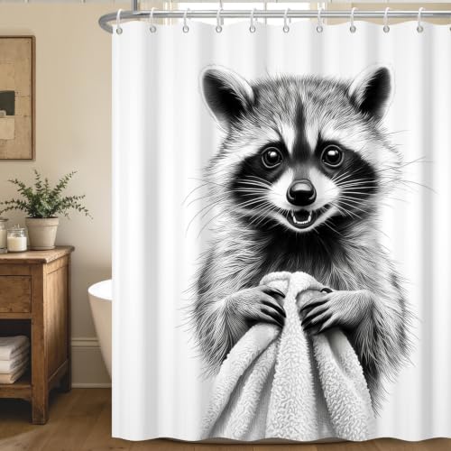 Funny Raccoon Shower Curtain with Hooks - 72x72 Inch Waterproof Polyester