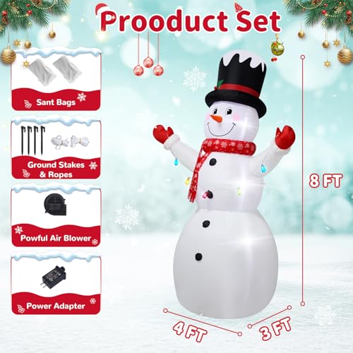 8FT Christmas Inflatable Snowman Decoration with LED Lights - Outdoor Holiday Yard Decor - Mixed