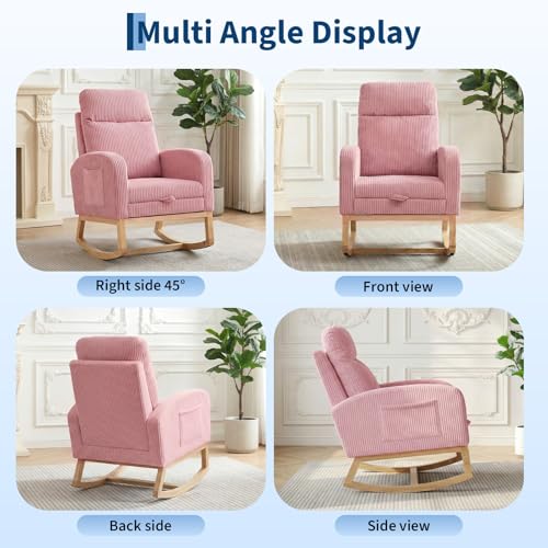 Pink Nursery Rocking Chair Glider with Footrest & Side Pockets – High Backrest, Solid Wood Legs