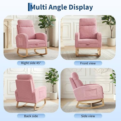 Pink Nursery Rocking Chair Glider with Footrest & Side Pockets – High Backrest, Solid Wood Legs