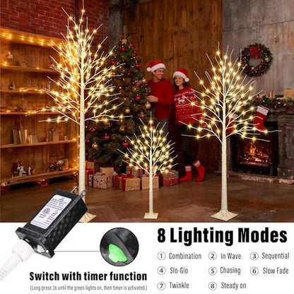 Artificial Birch Trees Set of 3 - 4FT, 6FT, 8FT Christmas Lights & Modes