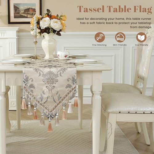 White Floral Jacquard Table Runner with Multi-Tassels - 13x62 Inch