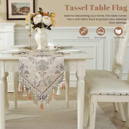 White Floral Jacquard Table Runner with Multi-Tassels - 13x62 Inch