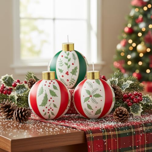 Christmas Rustic Holly Berries Ball Candles - 3 Inch Set of 4