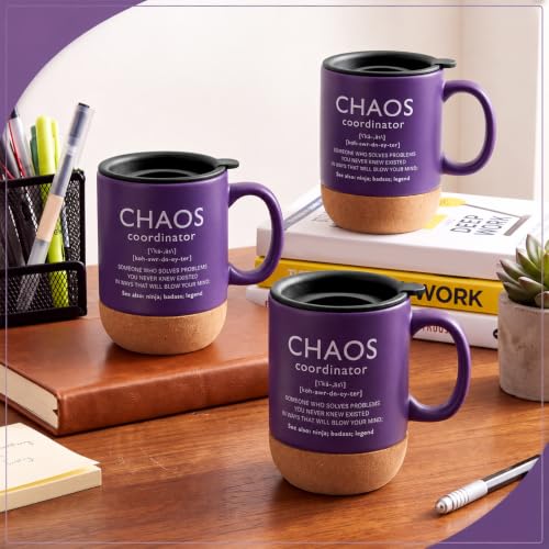 Purple Ceramic Mug with Lid and Cork Bottom - Chaos Coordinator Gift Set (3 Pieces)