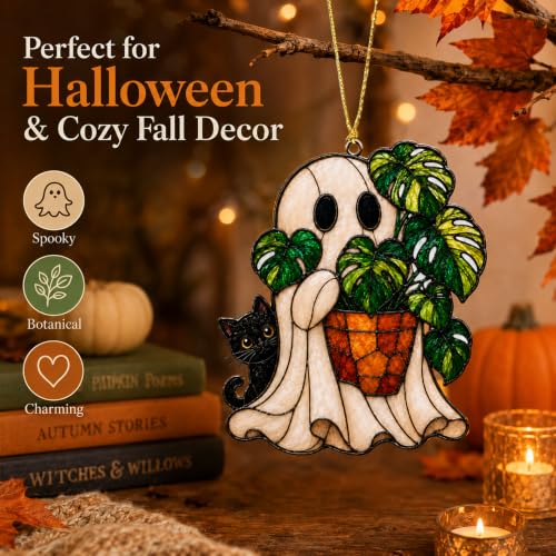 Halloween Ghost Monstera Ornament - Cat Variation, Flat Acrylic Decor, 3.94 Inch