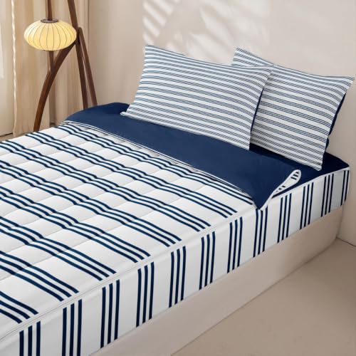 Navy Blue & White Zipper Bedding Set - Twin Size with Comforter & Sheets - Variation: Navy Blue White