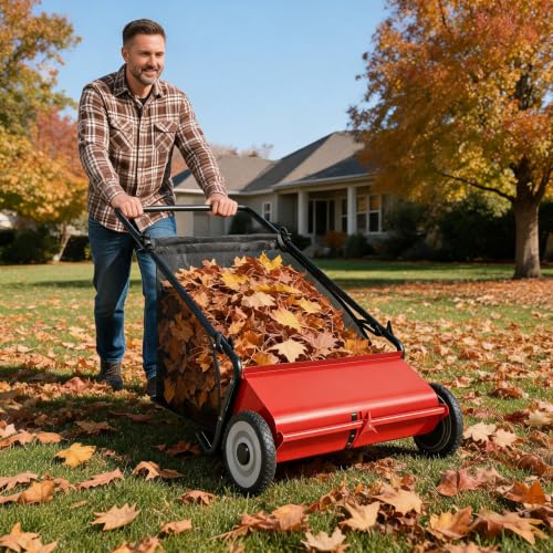Red Push Lawn Sweeper 26-Inch with 7 Cu.Ft. Hopper, 4-Brush Power, Adjustable Height