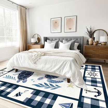5x7 Nautical Sea Turtle Area Rug - Coastal Machine Washable Floor Decor