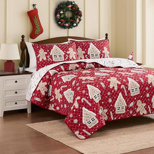 Christmas Twin Quilt Set with Pillowcase - Holiday Bedding with Gingerbread Men & Candy Design