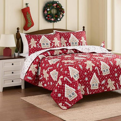 Christmas Twin Quilt Set with Pillowcase - Holiday Bedding with Gingerbread Men & Candy Design