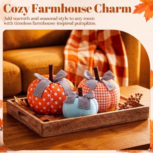 Fabric Pumpkin Fall Decor Set - 3 Assorted Harvest Pumpkins for Thanksgiving and Autumn