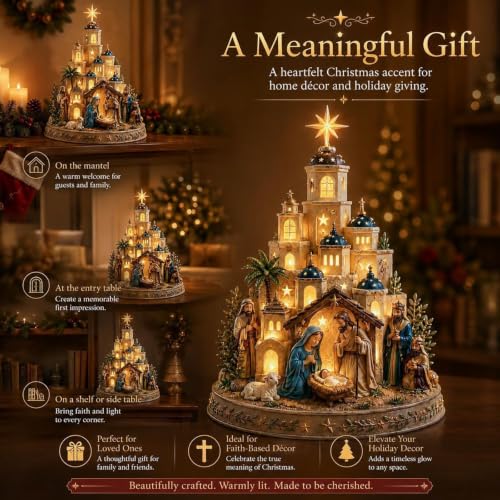 Bethlehem Nativity Church Light Tower - Christmas Village Decor with LED Illumination