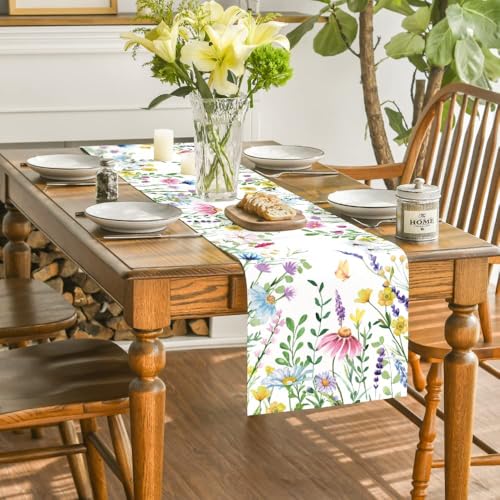 Artoid Mode Daisy Eucalyptus Spring Table Runner 13x120 Inch Beige Home Decor