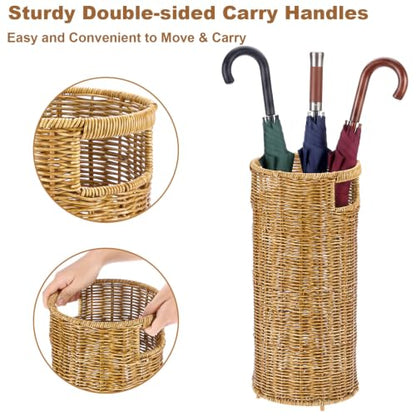 Yellow-Brown Rattan Umbrella Holder Stand for Entryway, 17" Tall Indoor