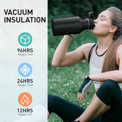 TOURIT 64oz Insulated Water Bottle Stainless Steel, Half Gallon Large Water Jug with 2-in-1 Handle, Double Wall Vacuum Metal Keep Hot & Cold, Wide Mouth Sport Water Flask For Gym, Travel, Black