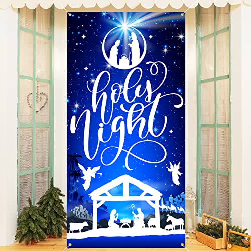 Religious Nativity Christmas Door Cover - Holy Night Scene, 71x35 Inch