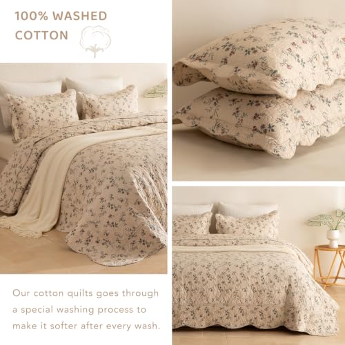 Floral Queen Quilt Set - 100% Cotton, Ditsy Vintage Bedspread, 3 Pieces - Queen (90x98) - Neutral Base