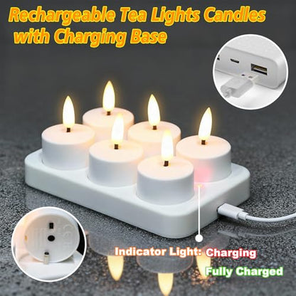 6 White Rechargeable LED Flickering Tea Lights with Remote - Eco-Friendly Candles