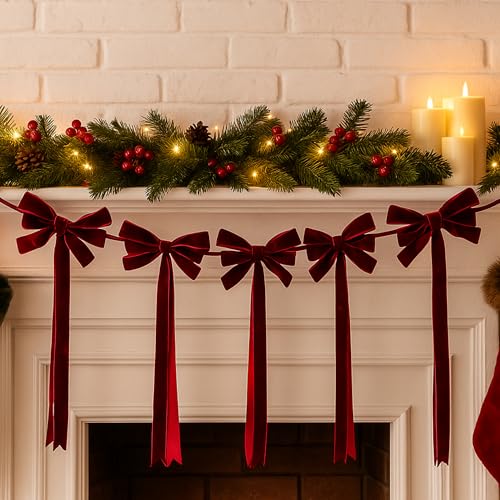 Christmas Velvet Bow Garland - Burgundy, 59 Inch, Wine Red Variation