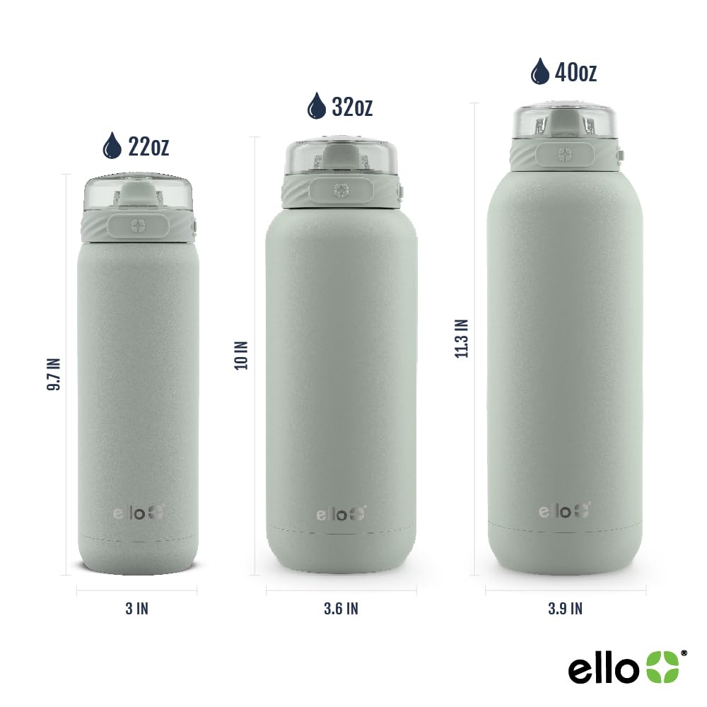 Ello Cooper 32oz Stainless Steel Water Bottle with Straw and Carry Handle, Double Walled and Vacuum Insulated Metal, Leak Proof Locking Lid with Soft Silicone Spout, Reusable, BPA Free, Sage