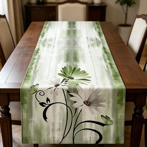 Sage Green Chenille Table Runner 13 x 90 Inches Waterproof Rustic Dining Decor