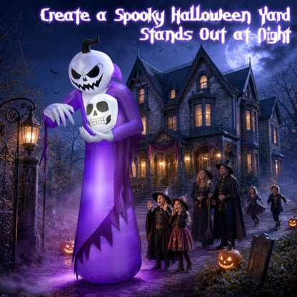 12FT Giant Halloween Inflatable Pumpkin Ghost Wizard with LED Lights Outdoor Decor