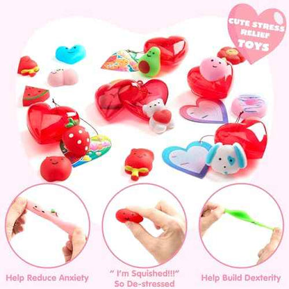 JOYIN 28 Pack Mochi Squishy Toy Filled Hearts and Cards for Kids Valentine Classroom Exchange Party Favors, Kawaii Stress Relief Toys for Valentine Gift Exchange, Game Prizes and Carnivals Gift