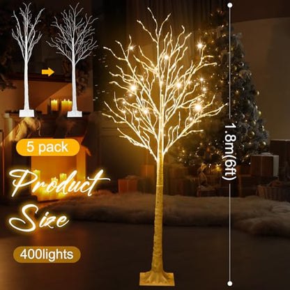 Aurelema 6ft Lighted Birch Tree with 400 LED Warm White Lights - 5 Pack