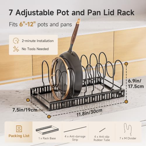 MUDEELA Pot Lid Organizer for Cabinet - Adjustable Baking Pan Rack 7 Slots - 7 Dividers