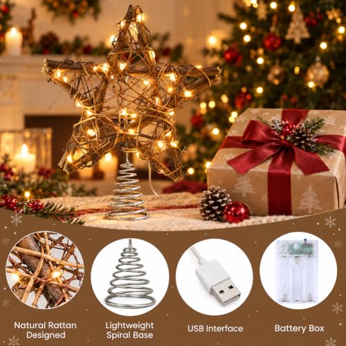 8 Inch Rattan Christmas Tree Topper Star with Warm LED Lights