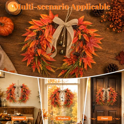 Fall Maple Leaves Wreath with Pinecones and Berries - Autumn Front Door Decor - Maple Leaves Variation