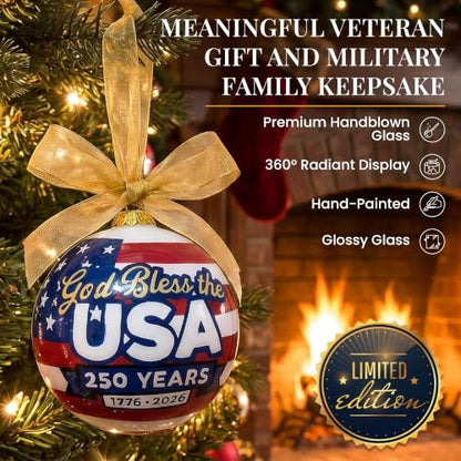 Hand-Painted Glass USA Christmas Ornament 1776-2026 Patriotic Keepsake