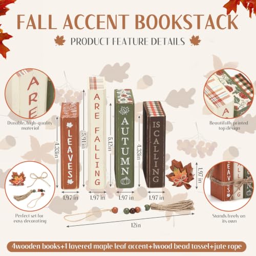 Rustic Maple Leaf Fall Wood Book Stack Table Decorations - Novabright 7 Pcs