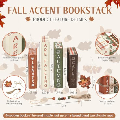 Rustic Maple Leaf Fall Wood Book Stack Table Decorations - Novabright 7 Pcs