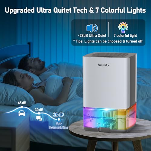 NineSky Small Dehumidifier with 35oz Water Tank, 7 Colorful Lights, Auto Shut Off - White Gray