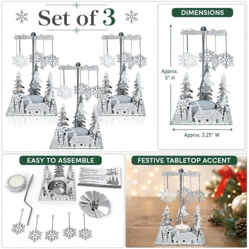 Winter Cabin Silver Holiday Candle Spinner Set of 3 - Laser Cut Christmas Scene, Christmas Decor