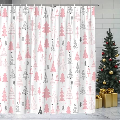 Pink Gray Christmas Tree Shower Curtain 70x70 Inch with Hooks - Festive Holiday Bathroom Decor