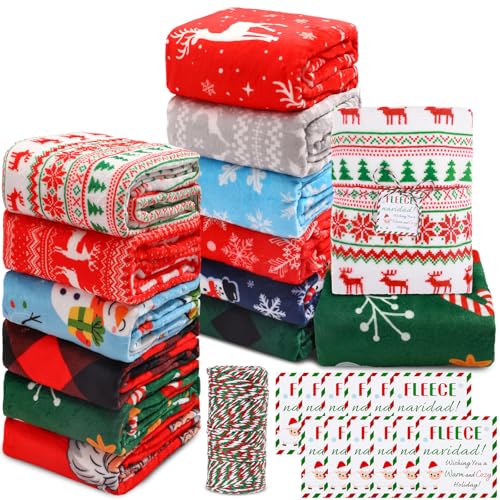 12 Pack Christmas Throw Blankets with Gift Tags - 50 x 60 Inch Holiday Fleece & Flannel
